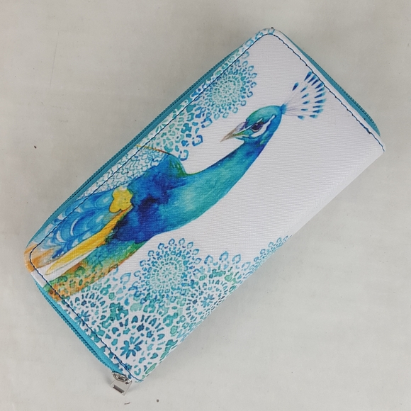 NWOT Peacock Wallet Clutch White Teal and Yellow - Picture 4 of 6